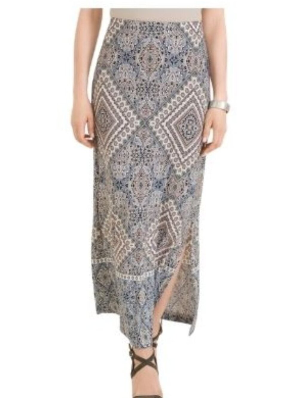 NEW CHICO'S Printed Pull On Maxi Skirt Side slit Stretchy SZ L